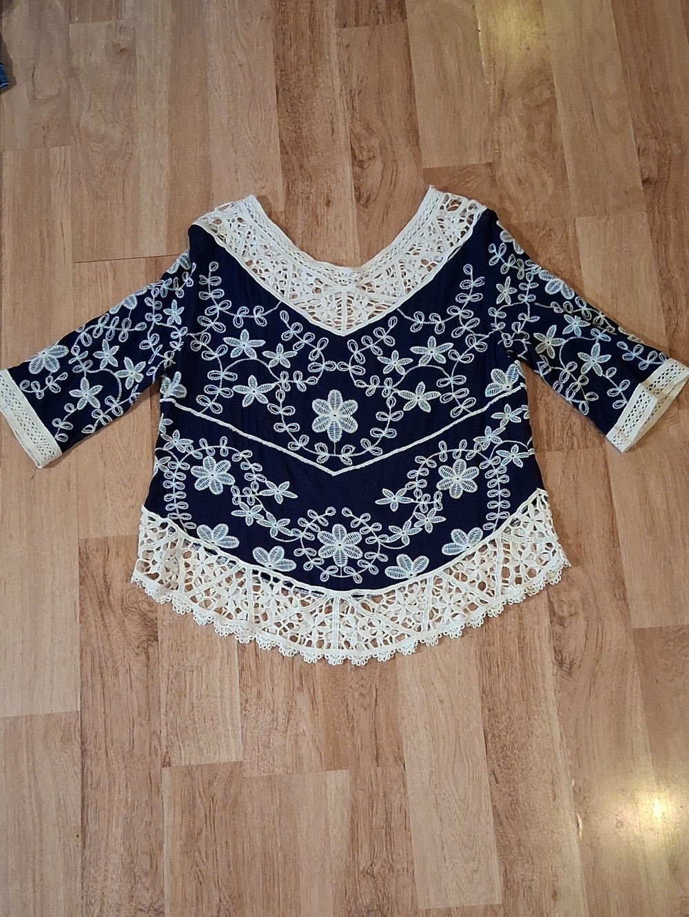 Solitaire Navy Blue Lace-Trim Floral Tunic